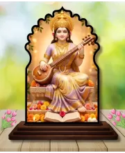 Car Dashboard/Table Top Goddess Saraswathi Wooden Temple Photo Stand  3x4 Inches, Compact & Stylish Spiritual Display For Car, Home & Office (Pack Of 1) (F22663)