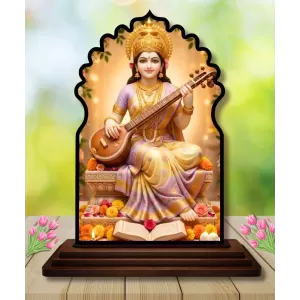 Car Dashboard/Table Top Goddess Saraswathi Wooden Temple Photo Stand  3x4 Inches, Compact & Stylish Spiritual Display For Car, Home & Office (Pack Of 1) (F22663)