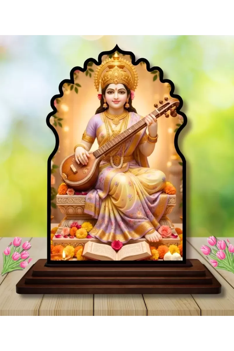 Car Dashboard/Table Top Goddess Saraswathi Wooden Temple Photo Stand  3x4 Inches, Compact & Stylish Spiritual Display For Car, Home & Office (Pack Of 1) (F22663)