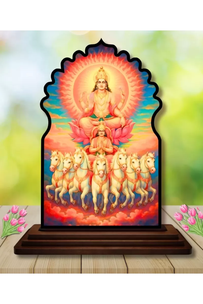 Car Dashboard/Table Top Lord Surya Wooden Temple Photo Stand  3x4 Inches, Compact & Stylish Spiritual Display For Car, Home & Office (Pack Of 1) (F22666)