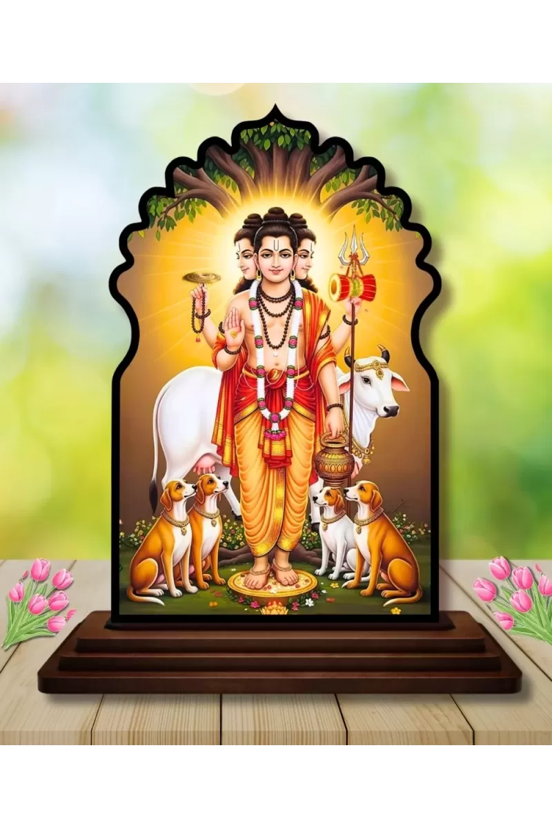 Car Dashboard/Table Top God Dattatreya Wooden Temple Photo Stand  3x4 Inches, Compact & Stylish Spiritual Display For Car, Home & Office (Pack Of 1) (F22667)
