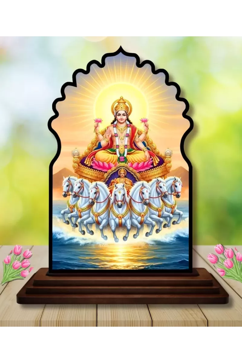 Car Dashboard/Table Top Lord Surya Wooden Temple Photo Stand  3x4 Inches, Compact & Stylish Spiritual Display For Car, Home & Office (Pack Of 1) (F22668)