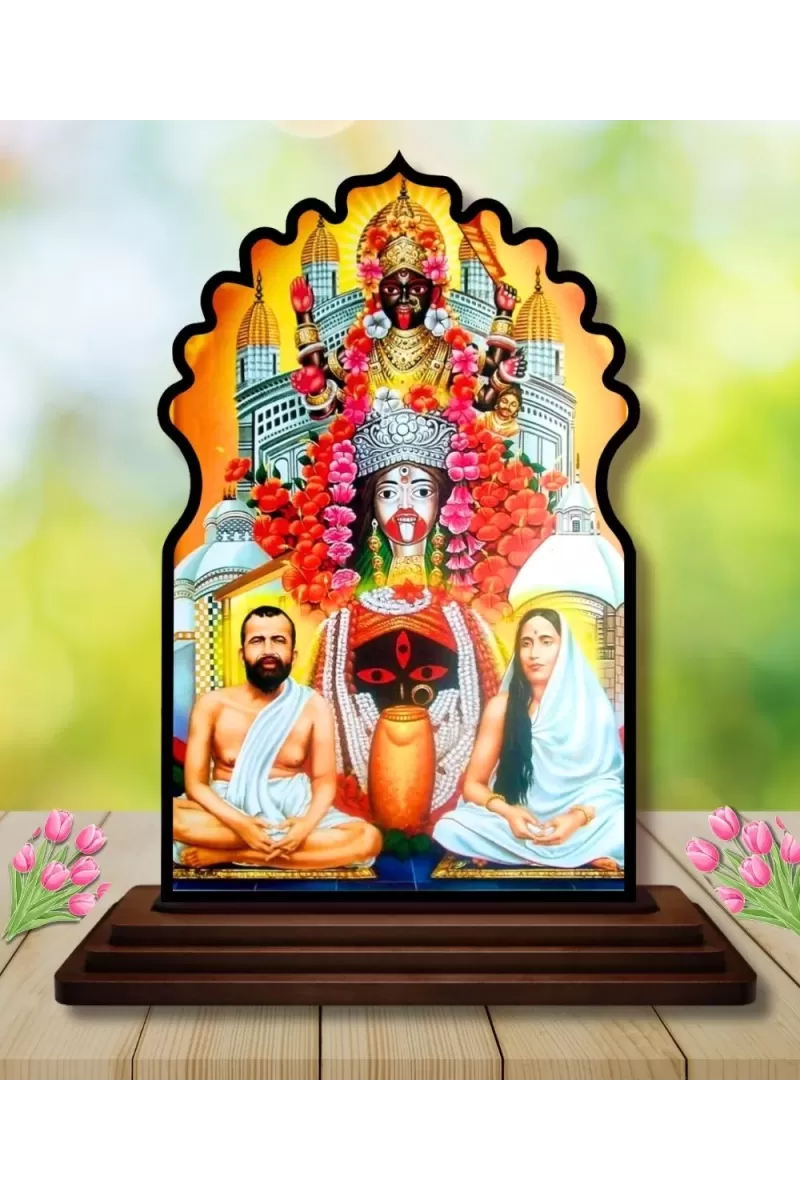 Car Dashboard/Table Top Kali Maa With Ramakrishna Paramahamsa Wooden Temple Photo Stand  3x4 Inches, Compact & Stylish Spiritual Display For Car, Home & Office (Pack Of 1) (F22670)