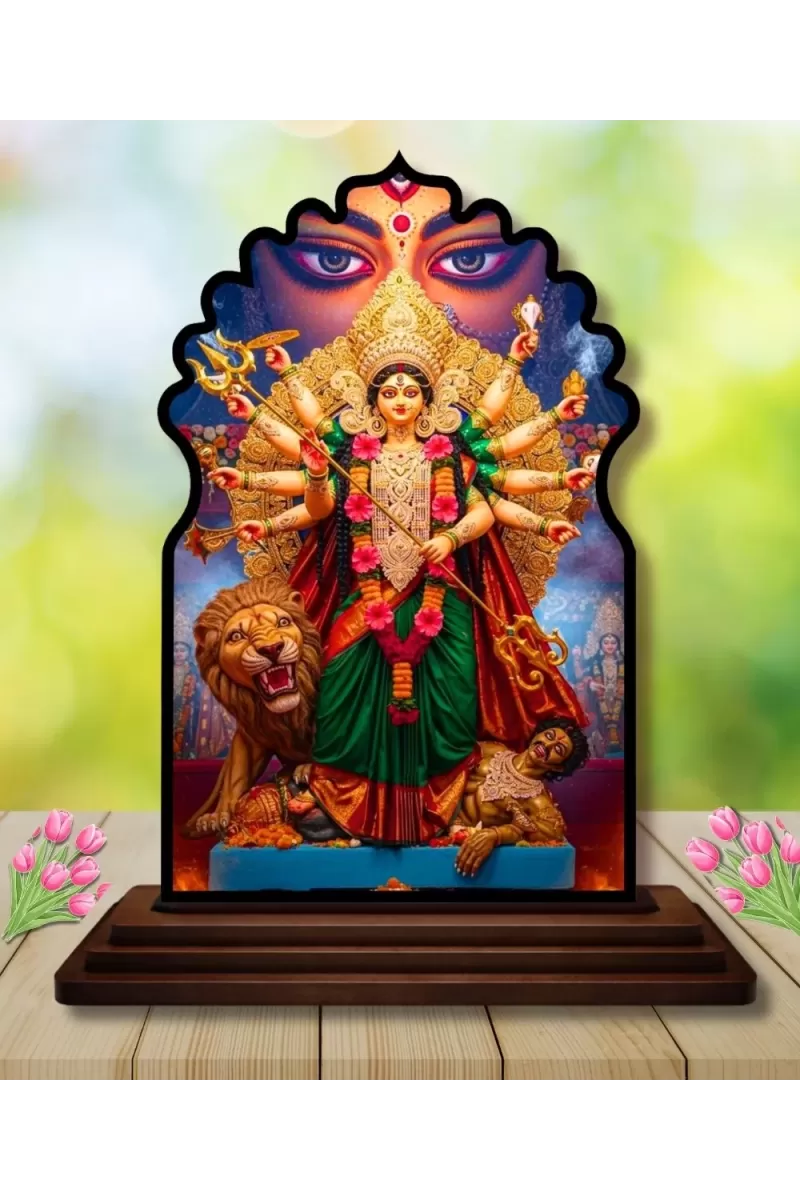 Car Dashboard/Table Top Maa Durga Wooden Temple Photo Stand  3x4 Inches, Compact & Stylish Spiritual Display For Car, Home & Office (Pack Of 1) (F22672)