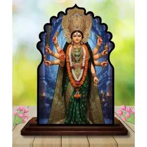 Car Dashboard/Table Top Maa Durga Wooden Temple Photo Stand  3x4 Inches, Compact & Stylish Spiritual Display For Car, Home & Office (Pack Of 1) (F22673)