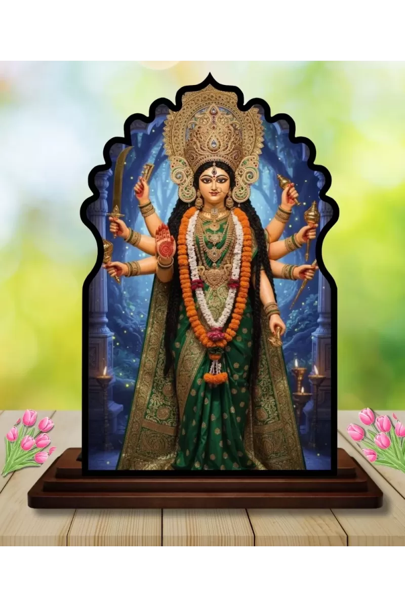 Car Dashboard/Table Top Maa Durga Wooden Temple Photo Stand  3x4 Inches, Compact & Stylish Spiritual Display For Car, Home & Office (Pack Of 1) (F22673)