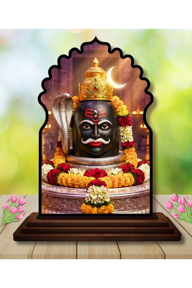 Car Dashboard/Table Top Mahakaleshwar Jyothirlingam Wooden Temple Photo Stand  3x4 Inches, Compact & Stylish Spiritual Display For Car, Home & Office (Pack Of 1) (F22675)