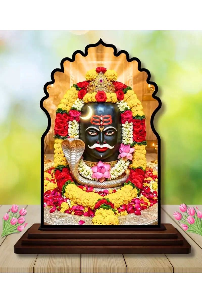 Car Dashboard/Table Top Mahakaleshwar Jyothirlingam Wooden Temple Photo Stand  3x4 Inches, Compact & Stylish Spiritual Display For Car, Home & Office (Pack Of 1) (F22676)