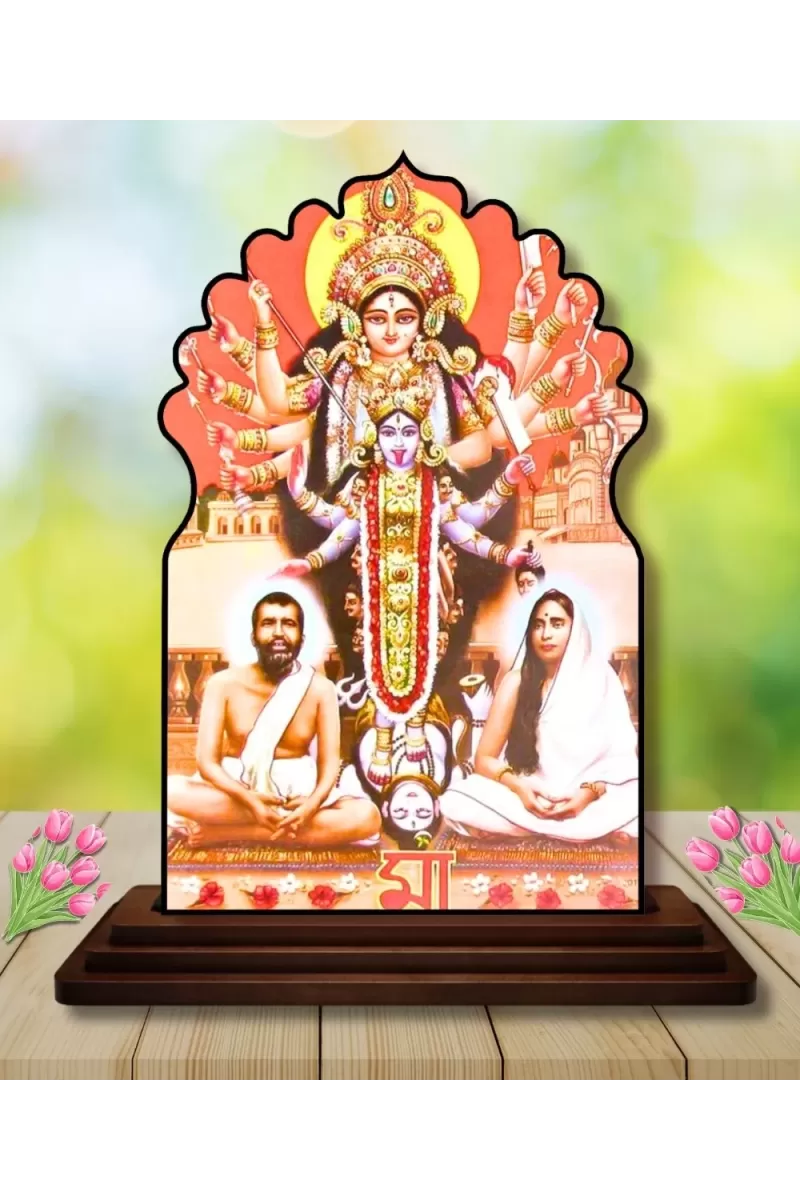 Car Dashboard/Table Top Kali Maa With Ramakrishna Paramahamsa And Sarada Devi Wooden Temple Photo Stand &acirc;&euro;&ldquo; 3x4 Inches, Compact & Stylish Spiritual Display For Car, Home & Office (Pack Of 1) (F22680)