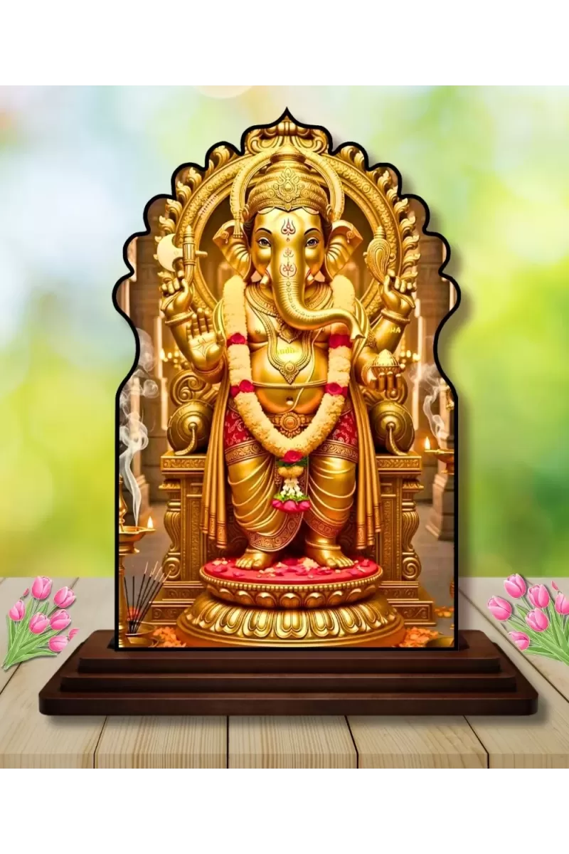 Car Dashboard/Table Top Lord Ganesha Wooden Temple Photo Stand  3x4 Inches, Compact & Stylish Spiritual Display For Car, Home & Office (Pack Of 1) (F22687)