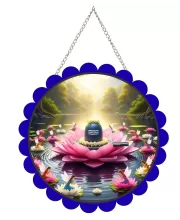 Shiva Lingam Wall Hanging Photo Frame | 8 Inch Round Floral Design With Golden Hanging Chain | Decorative Religious Wall Decor For Home, Office, Temple & Pooja Room (F22715)