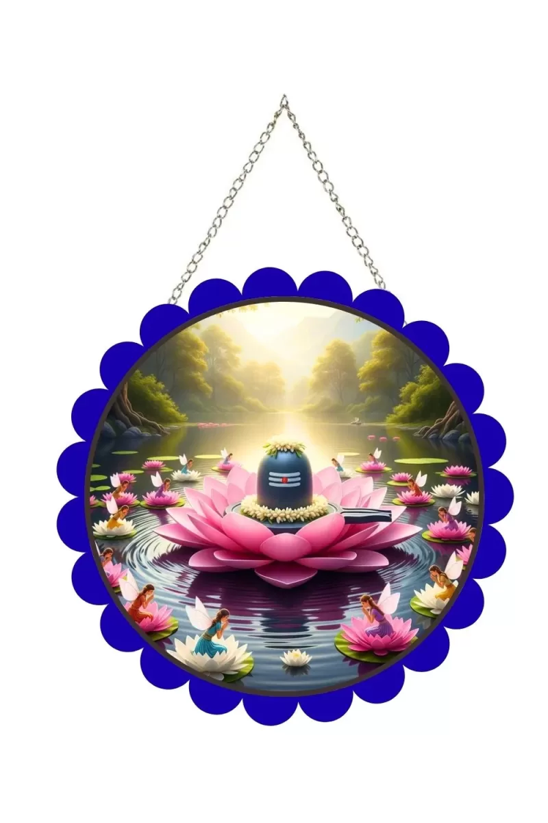 Shiva Lingam Wall Hanging Photo Frame | 8 Inch Round Floral Design With Golden Hanging Chain | Decorative Religious Wall Decor For Home, Office, Temple & Pooja Room (F22715)