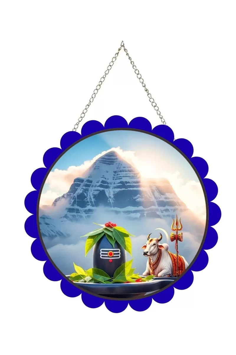 Shiva Lingam Wall Hanging Photo Frame | 8 Inch Round Floral Design With Golden Hanging Chain | Decorative Religious Wall Decor For Home, Office, Temple & Pooja Room (F22716)