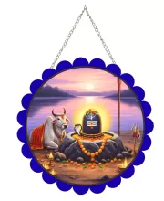 Shiva Lingam Wall Hanging Photo Frame | 8 Inch Round Floral Design With Golden Hanging Chain | Decorative Religious Wall Decor For Home, Office, Temple & Pooja Room (F22717)