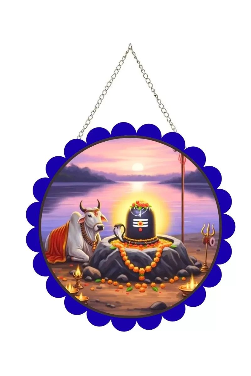 Shiva Lingam Wall Hanging Photo Frame | 8 Inch Round Floral Design With Golden Hanging Chain | Decorative Religious Wall Decor For Home, Office, Temple & Pooja Room (F22717)