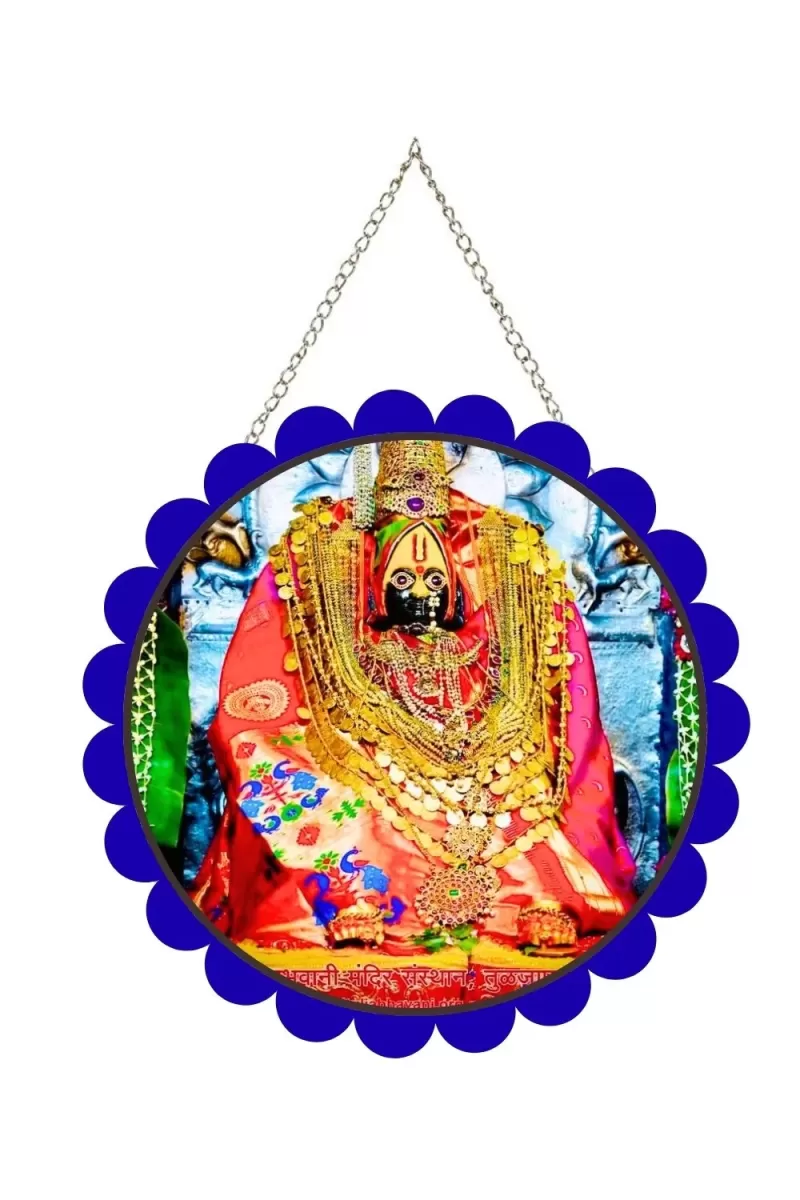 Tulja Bhavani Mata Wall Hanging Photo Frame | 8 Inch Round Floral Design With Golden Hanging Chain | Decorative Religious Wall Decor For Home, Office, Temple & Pooja Room (F22723)