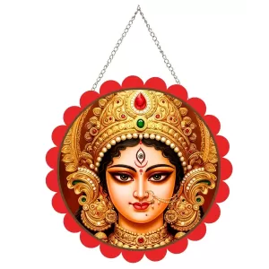 Maa Durga Wall Hanging Photo Frame | 8 Inch Round Floral Design With Golden Hanging Chain | Decorative Religious Wall Decor For Home, Office, Temple & Pooja Room (F22732)