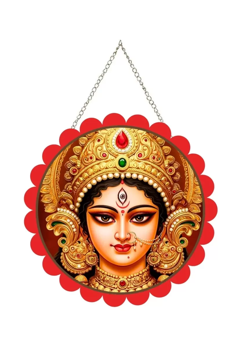 Maa Durga Wall Hanging Photo Frame | 8 Inch Round Floral Design With Golden Hanging Chain | Decorative Religious Wall Decor For Home, Office, Temple & Pooja Room (F22732)