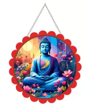 Serene Buddha Wall Hanging Photo Frame | 8 Inch Round Floral Design With Golden Hanging Chain | Decorative Religious Wall Decor For Home, Office, Temple & Pooja Room (F22735)