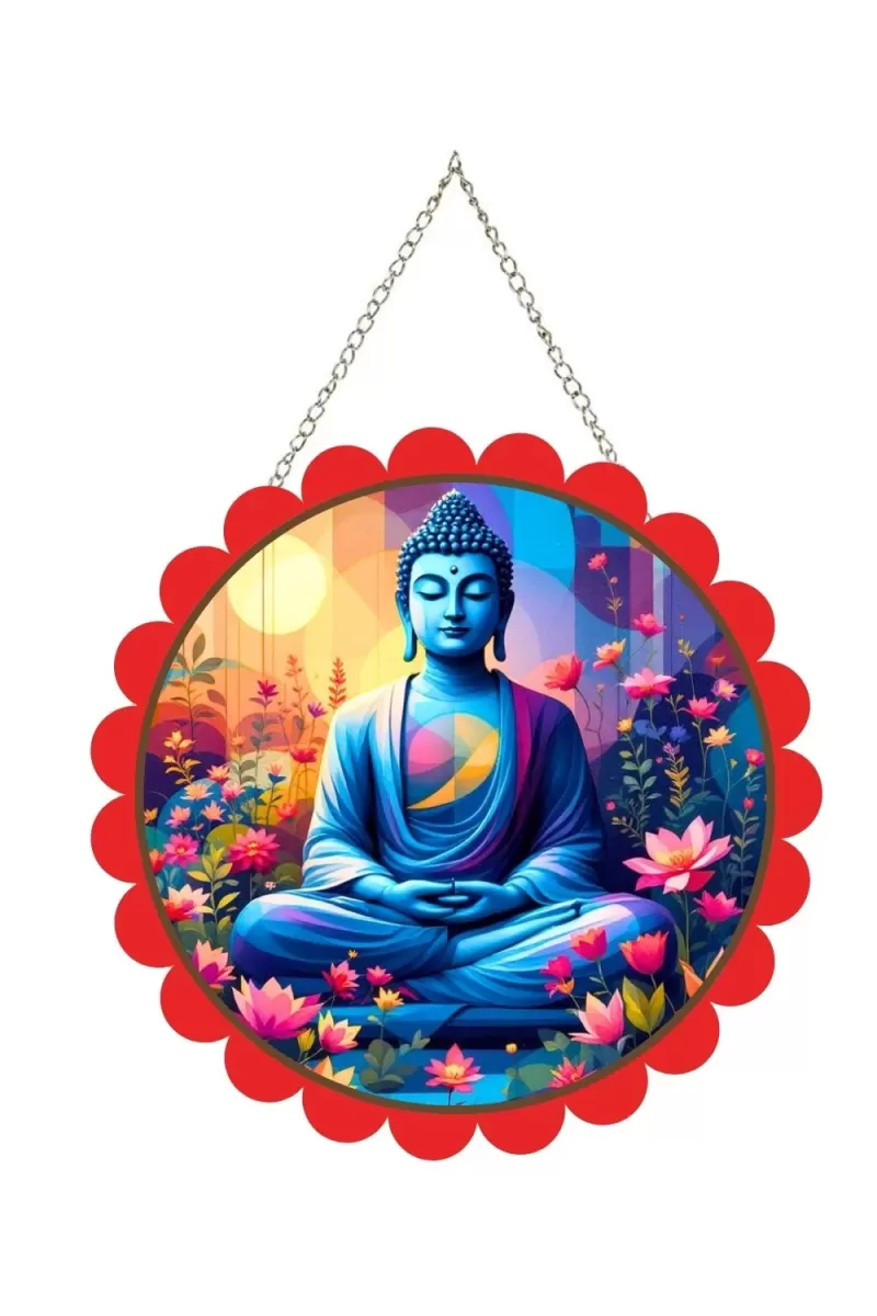 Serene Buddha Wall Hanging Photo Frame | 8 Inch Round Floral Design With Golden Hanging Chain | Decorative Religious Wall Decor For Home, Office, Temple & Pooja Room (F22735)