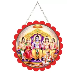 Lord Rama Darbar Wall Hanging Photo Frame | 8 Inch Round Floral Design With Golden Hanging Chain | Decorative Religious Wall Decor For Home, Office, Temple & Pooja Room (F22740)