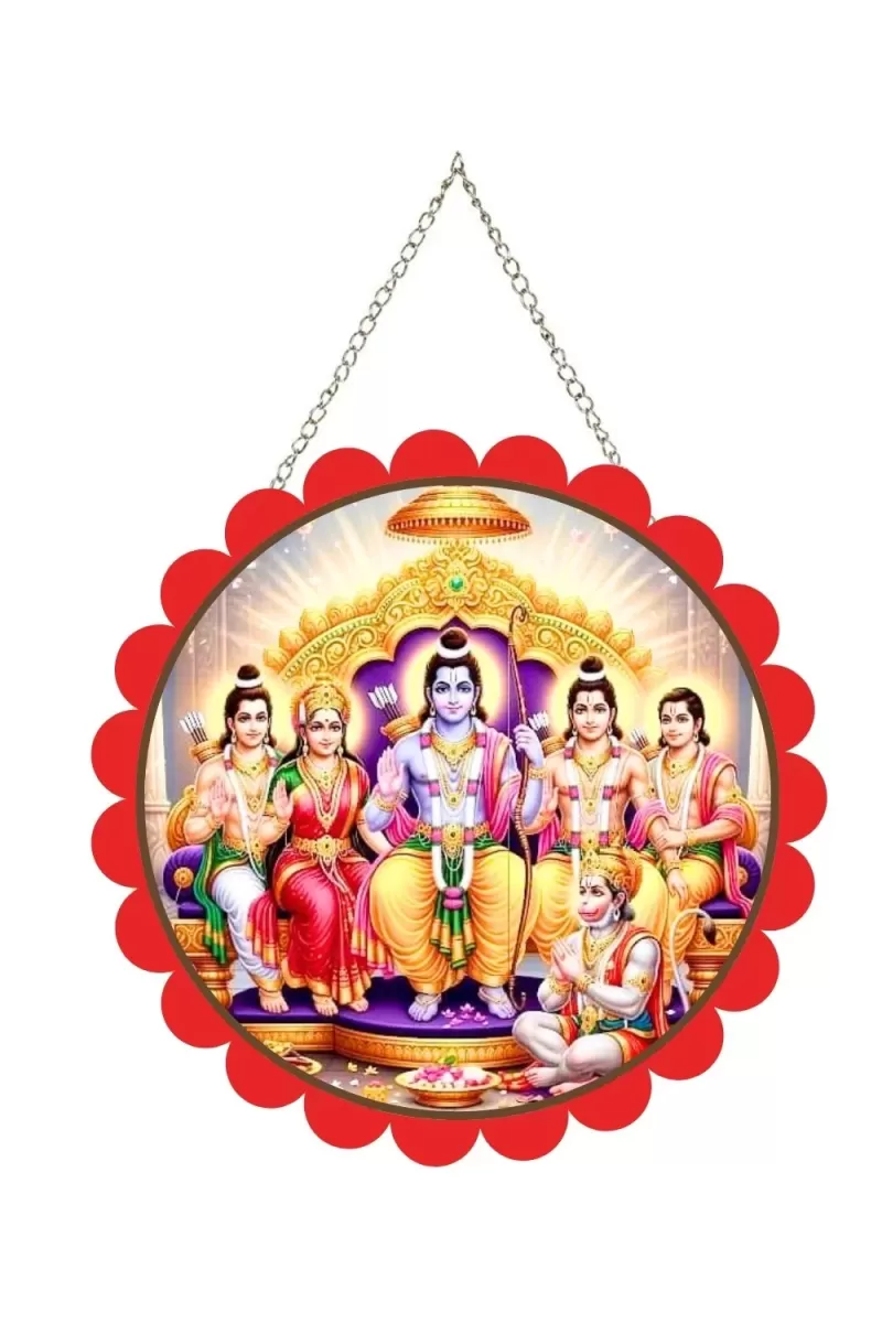 Lord Rama Darbar Wall Hanging Photo Frame | 8 Inch Round Floral Design With Golden Hanging Chain | Decorative Religious Wall Decor For Home, Office, Temple & Pooja Room (F22740)
