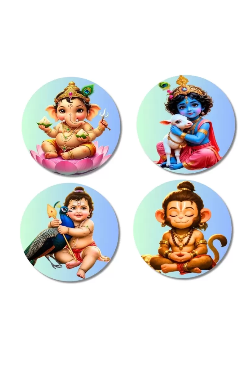 Ganesha, Krishna, Kartikeya, And Hanuman. Fridge Magnets Ã¢â‚¬â€œ 4 Piece Set | 3 Inch Round Wall Fridge Decor (F22760)