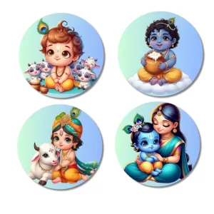 Ganesha, Krishna, Rama, And Hanuman. Fridge Magnets Ã¢â‚¬â€œ 4 Piece Set | 3 Inch Round Wall Fridge Decor (F22761)
