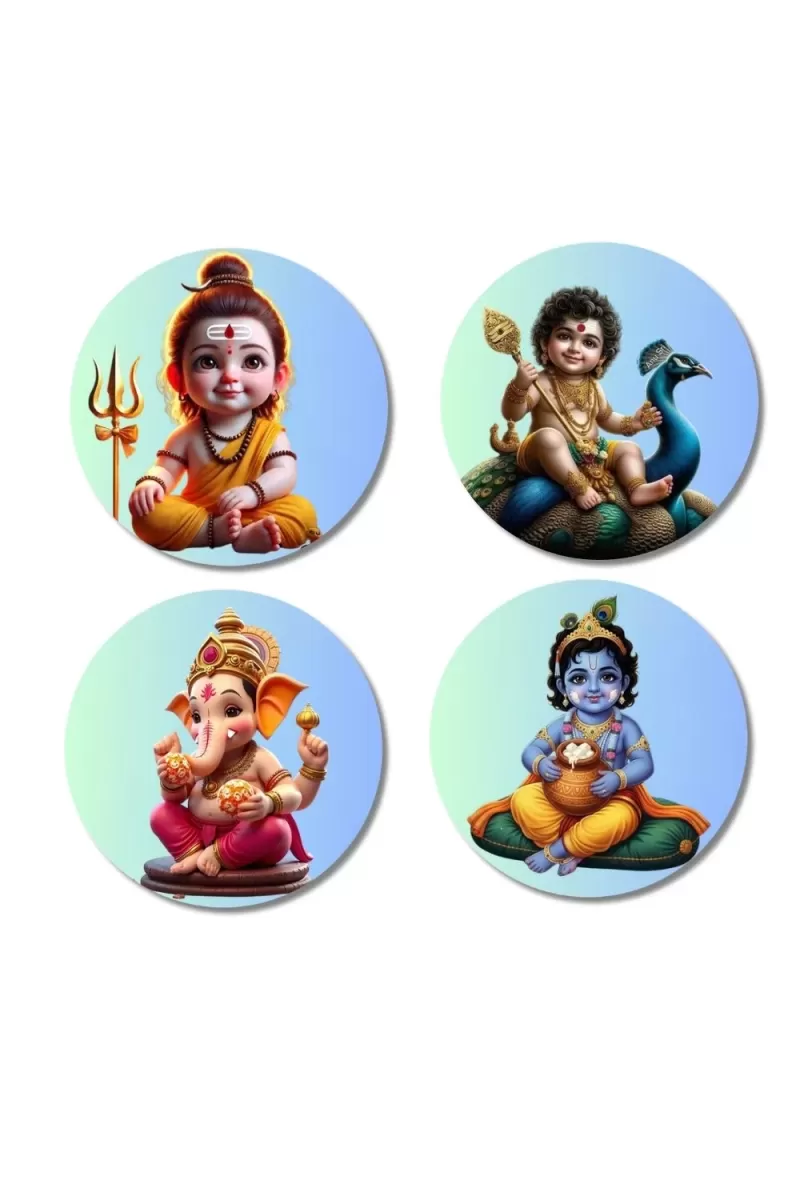 Krishna, Yashoda, Shiva, Kartikeya, And Ganesha. Fridge Magnets Ã¢â‚¬â€œ 4 Piece Set | 3 Inch Round Wall Fridge Decor (F22762)