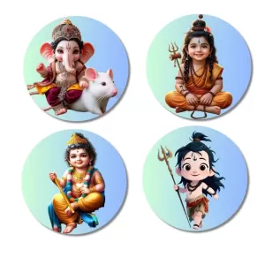 Ganesha, Rama, And Shiva. Fridge Magnets Ã¢â‚¬â€œ 4 Piece Set | 3 Inch Round Wall Fridge Decor (F22763)
