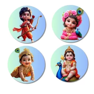 Rama, Radha, Krishna, And Kartikeya. Fridge Magnets Ã¢â‚¬â€œ 4 Piece Set | 3 Inch Round Wall Fridge Decor (F22768)