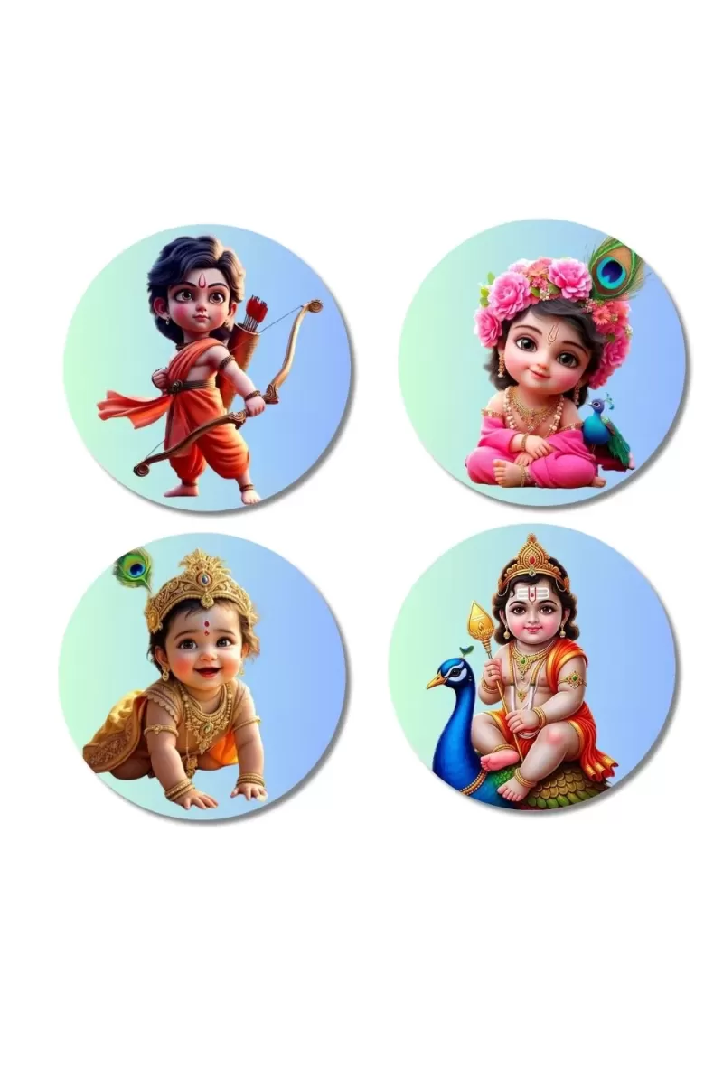 Rama, Radha, Krishna, And Kartikeya. Fridge Magnets Ã¢â‚¬â€œ 4 Piece Set | 3 Inch Round Wall Fridge Decor (F22768)
