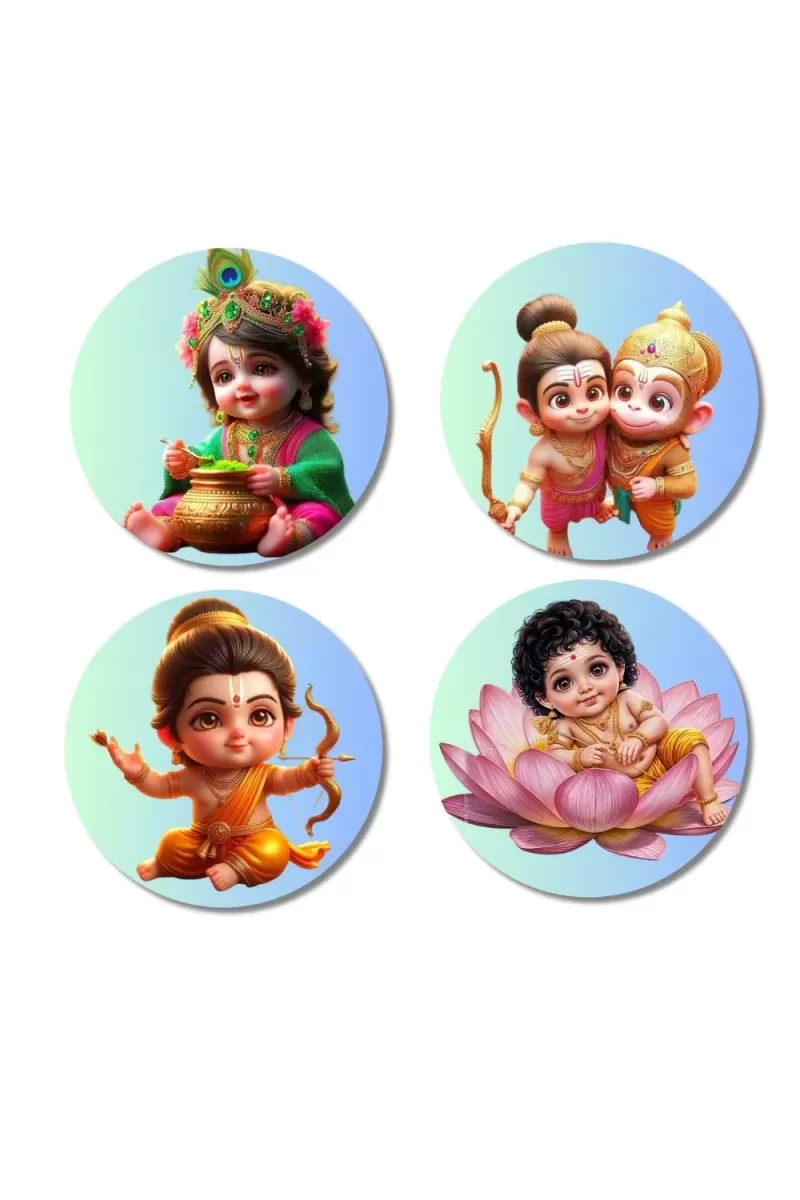 Rama, Hanuman, And Ganesha. Fridge Magnets Ã¢â‚¬â€œ 4 Piece Set | 3 Inch Round Wall Fridge Decor (F22769)