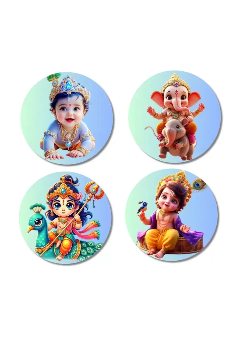 Krishna, Hanuman, Rama, Ganesha, And Kartikeya. Fridge Magnets Ã¢â‚¬â€œ 4 Piece Set | 3 Inch Round Wall Fridge Decor (F22770)