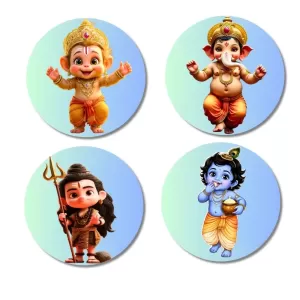 Hanuman, Ganesha, Shiva, And Krishna. Fridge Magnets Ã¢â‚¬â€œ 4 Piece Set | 3 Inch Round Wall Fridge Decor (F22753)