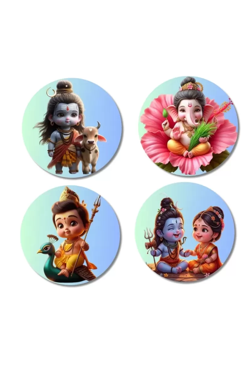 Shiva, Ganesha, Kartikeya, And Parvati. Fridge Magnets Ã¢â‚¬â€œ 4 Piece Set | 3 Inch Round Wall Fridge Decor (F22756)