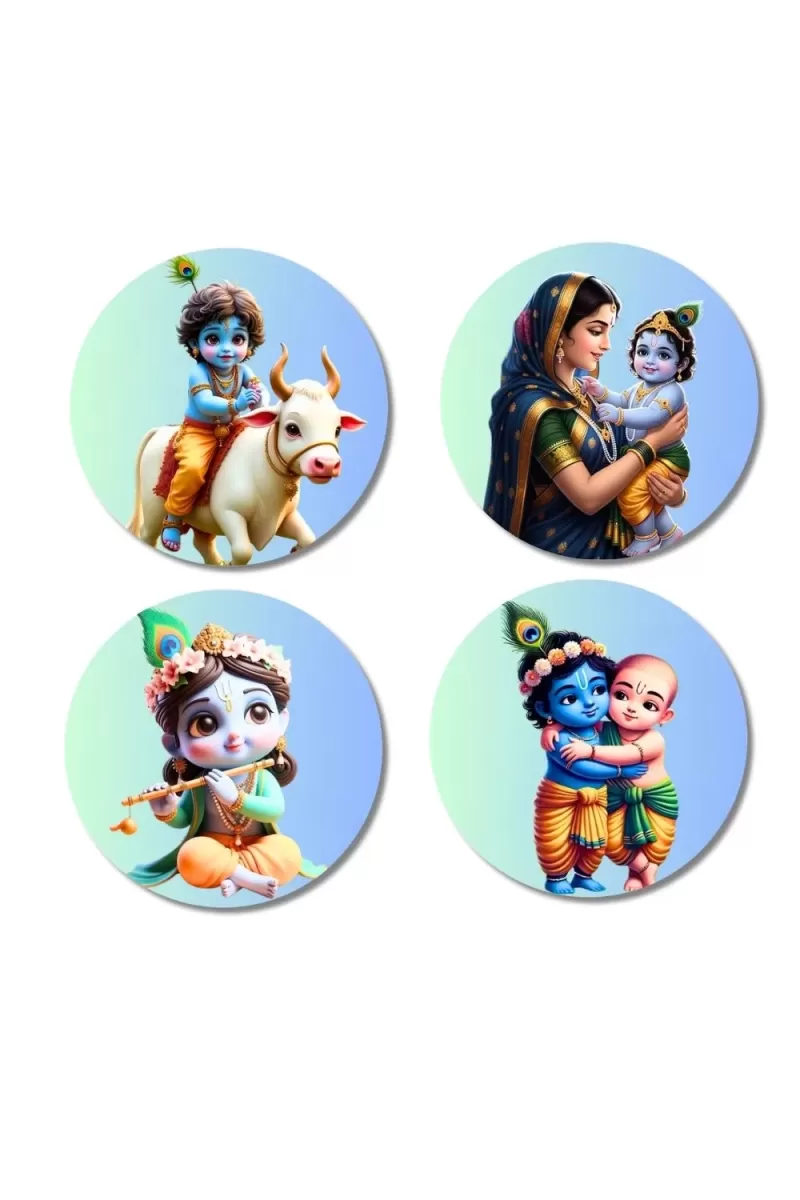 Krishna, Yashoda, And Radha. Fridge Magnets Ã¢â‚¬â€œ 4 Piece Set | 3 Inch Round Wall Fridge Decor (F22758)