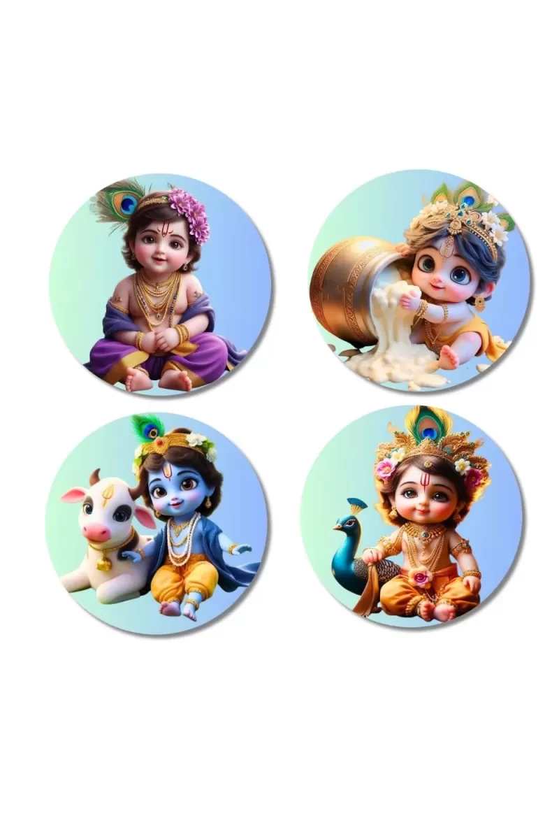 Krishna Fridge Magnets Ã¢â‚¬â€œ 4 Piece Set | 3 Inch Round Wall Fridge Decor (F22759)