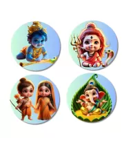 Kartikeya, Shiva, Krishna, Rama, Sita, And Ganesha. Fridge Magnets Ã¢â‚¬â€œ 4 Piece Set | 3 Inch Round Wall Fridge Decor (F22771)