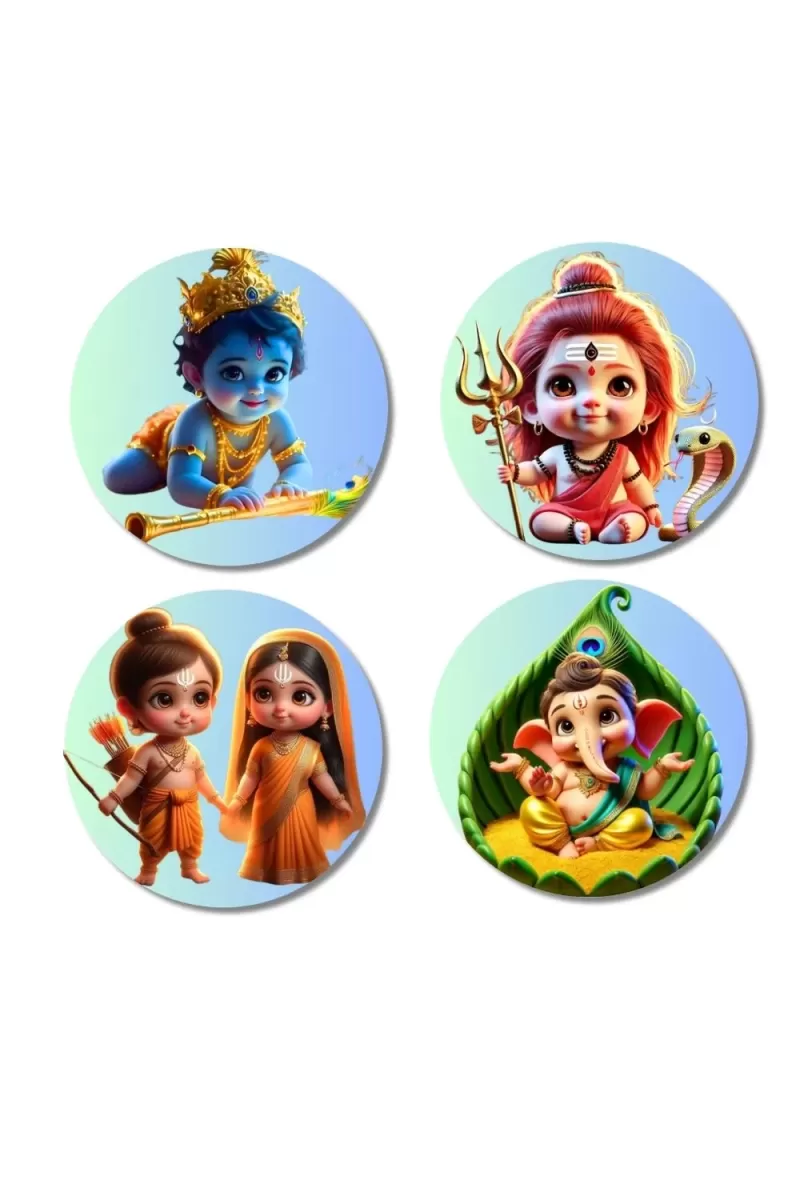Kartikeya, Shiva, Krishna, Rama, Sita, And Ganesha. Fridge Magnets Ã¢â‚¬â€œ 4 Piece Set | 3 Inch Round Wall Fridge Decor (F22771)
