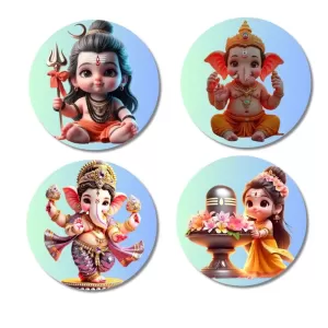 Shiva, Ganesha, And Parvati. Fridge Magnets Ã¢â‚¬â€œ 4 Piece Set | 3 Inch Round Wall Fridge Decor (F22773)