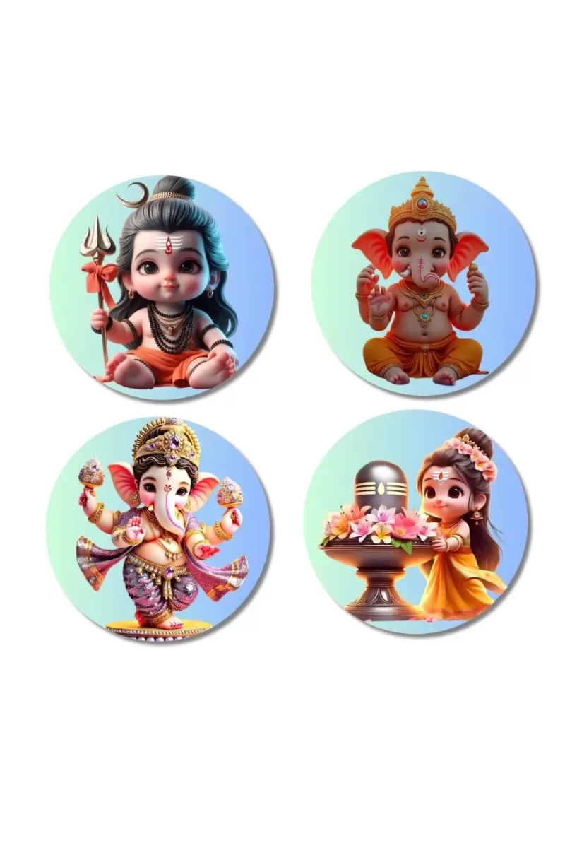 Shiva, Ganesha, And Parvati. Fridge Magnets Ã¢â‚¬â€œ 4 Piece Set | 3 Inch Round Wall Fridge Decor (F22773)