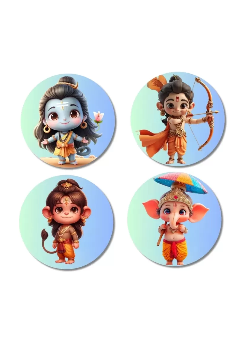 Shiva, Rama, Hanuman, And Ganesha. Fridge Magnets Ã¢â‚¬â€œ 4 Piece Set | 3 Inch Round Wall Fridge Decor (F22775)