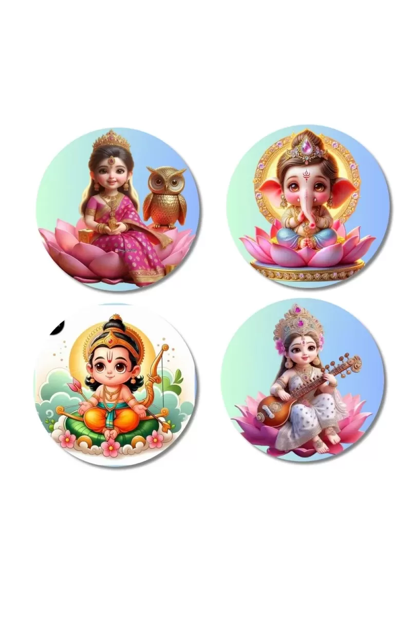 Lakshmi, Ganesha, Rama, And Saraswati. Fridge Magnets Ã¢â‚¬â€œ 4 Piece Set | 3 Inch Round Wall Fridge Decor (F22777)
