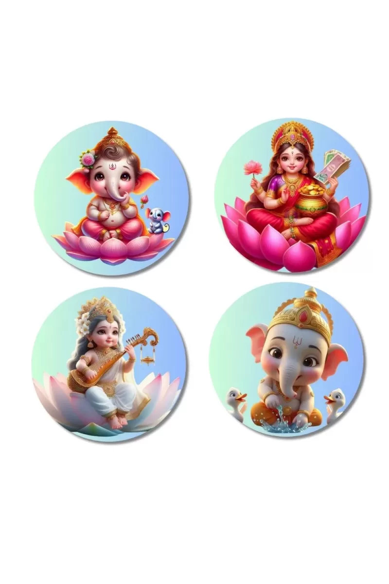 Lakshmi, Ganesha, Rama, And Saraswati. Fridge Magnets Ã¢â‚¬â€œ 4 Piece Set | 3 Inch Round Wall Fridge Decor (F22778)