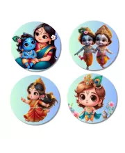 Krishna, Yashoda, And Radha. Fridge Magnets Ã¢â‚¬â€œ 4 Piece Set | 3 Inch Round Wall Fridge Decor (F22779)