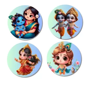 Krishna, Yashoda, And Radha. Fridge Magnets Ã¢â‚¬â€œ 4 Piece Set | 3 Inch Round Wall Fridge Decor (F22779)