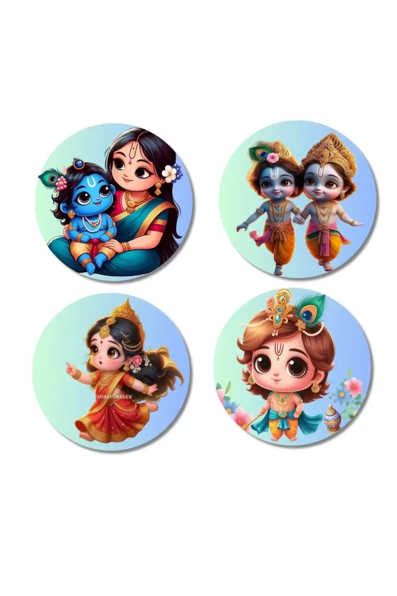 Krishna, Yashoda, And Radha. Fridge Magnets Ã¢â‚¬â€œ 4 Piece Set | 3 Inch Round Wall Fridge Decor (F22779)