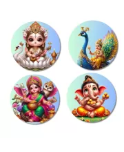Saraswati, Kartikeya, Lakshmi, And Ganesha. Fridge Magnets Ã¢â‚¬â€œ 4 Piece Set | 3 Inch Round Wall Fridge Decor (F22780)