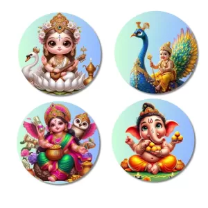Saraswati, Kartikeya, Lakshmi, And Ganesha. Fridge Magnets – 4 Piece Set | 3 Inch Round Wall Fridge Decor (F22780) Saraswati, Kartikeya, Lakshmi, And Ganesha. Fridge Magnets – 4 Piece Set | 3 Inch Round Wall Fridge Decor (F22780)